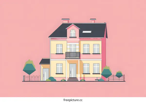 Pink and Yellow House with a Balcony Illustration