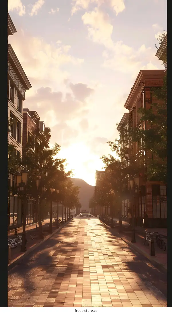 Empty Street with Sunset Cityscape