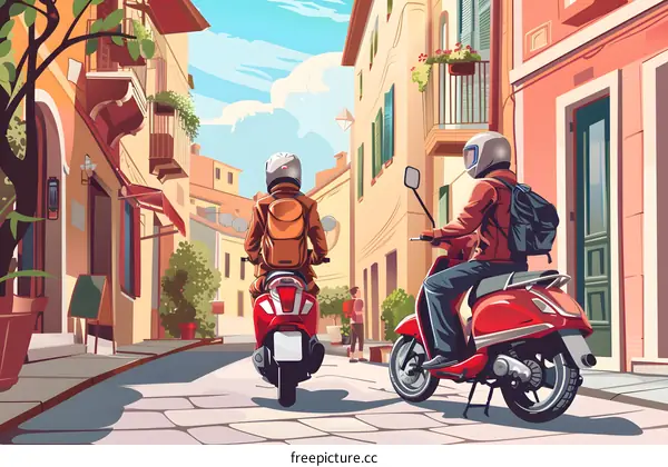Two People Riding Scooters on a Narrow Street in Italy