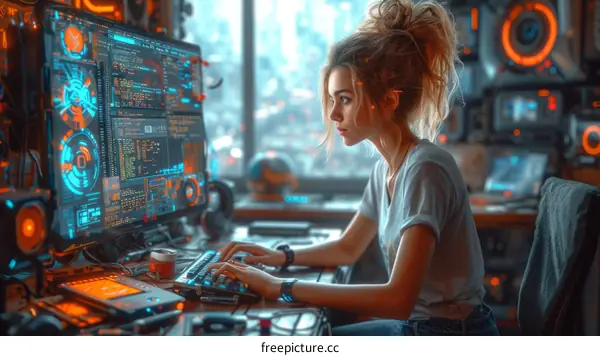 A young woman sits at a computer desk and types on a keyboard while looking at multiple computer screens.