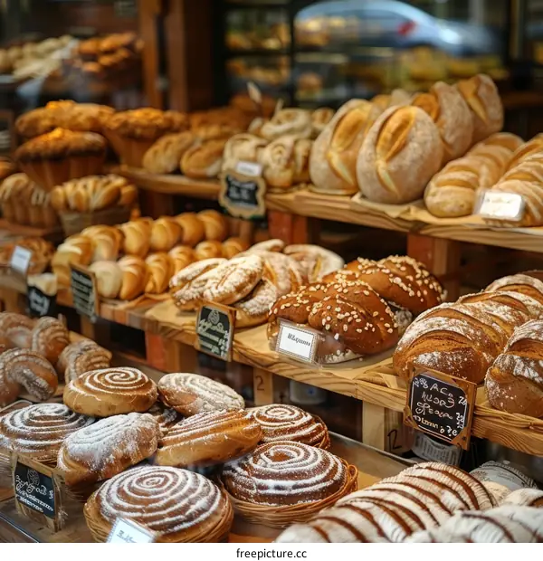 Freshly baked bread and pastries displayed in a bakery window