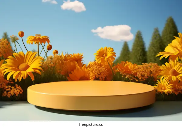 Yellow, Orange, Summer Flowers and Green Grass Field with Yellow Podium 3d Illustration