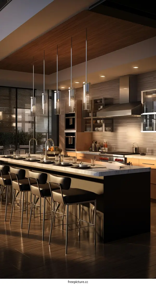 Modern kitchen interior design with wood cabinets and stainless steel appliances