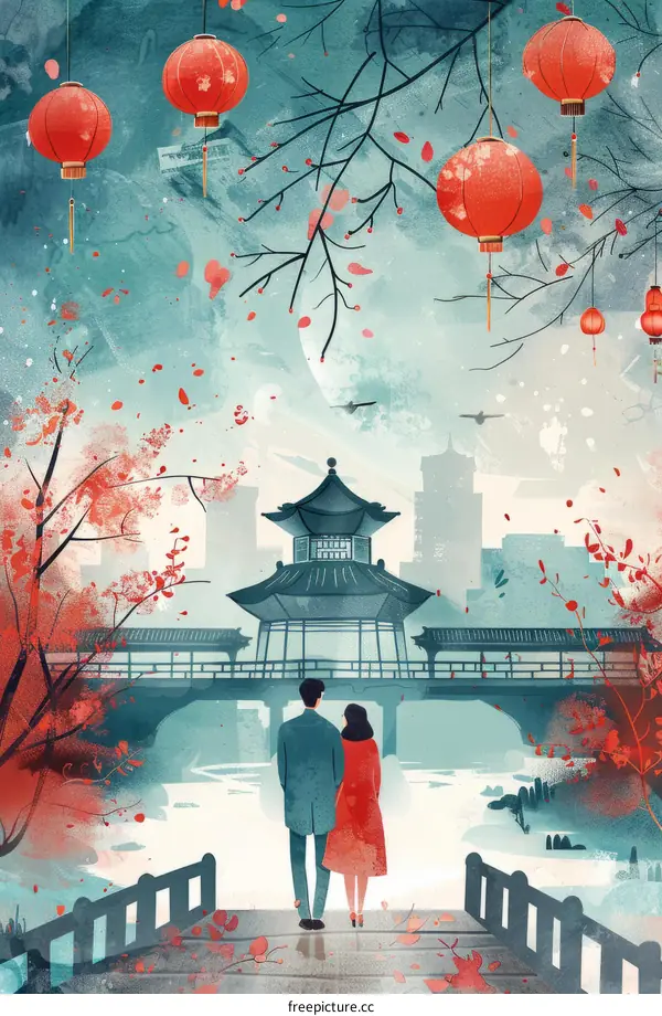 Couple Walking on a Bridge in a Traditional Chinese Garden