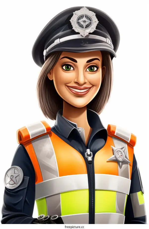 A policewoman with brown hair and green eyes is smiling.