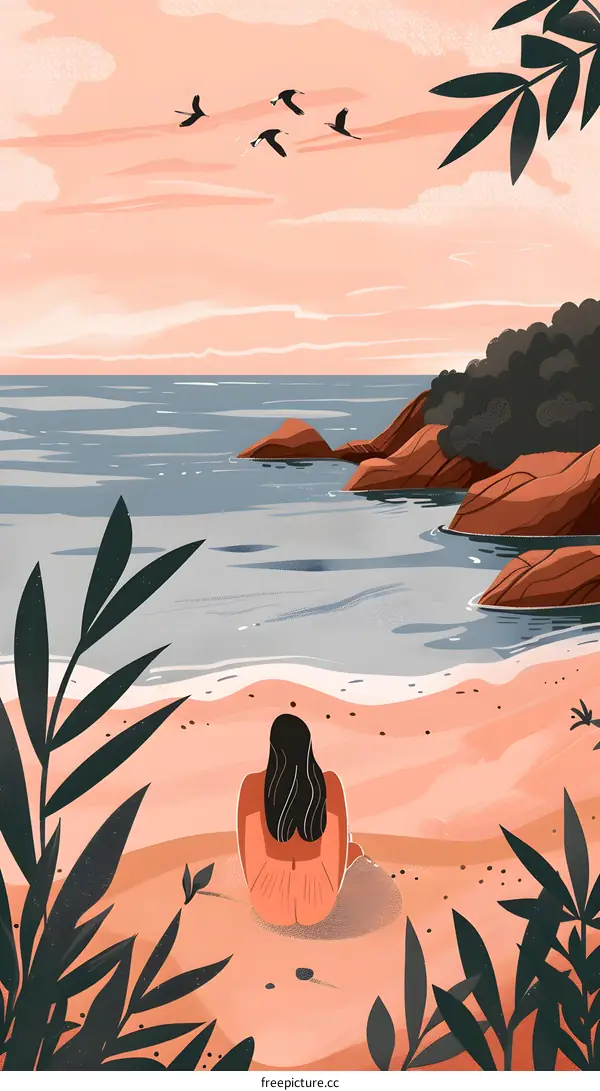 Woman Sitting on Beach with Ocean View and Birds Flying