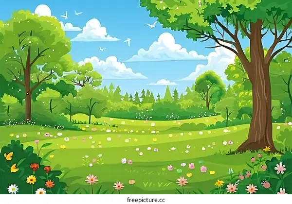 Green Meadow With Trees And Flowers In Spring