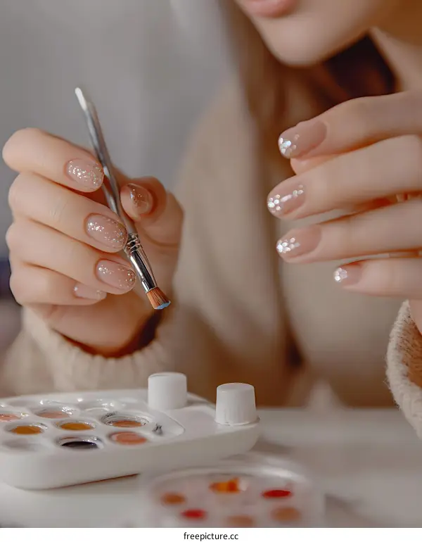 Woman with Glitter Nail Art Holding a Brush