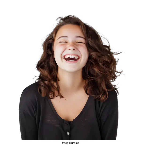 [Transparent Background PNG]Portrait of a Young Woman Laughing with Closed Eyes