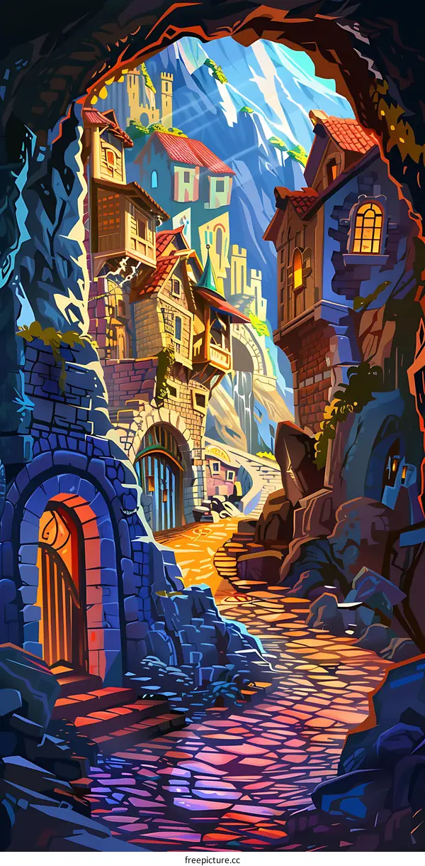 Fantasy Town Entrance Through Cave