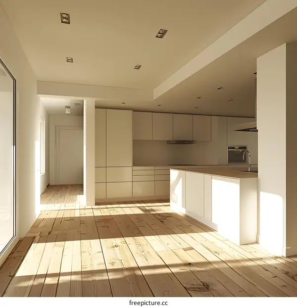 Modern Kitchen Interior Design with White Cabinets and Wooden Floor