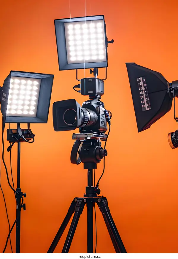 Camera Setup with Three LED Lights on Tripod