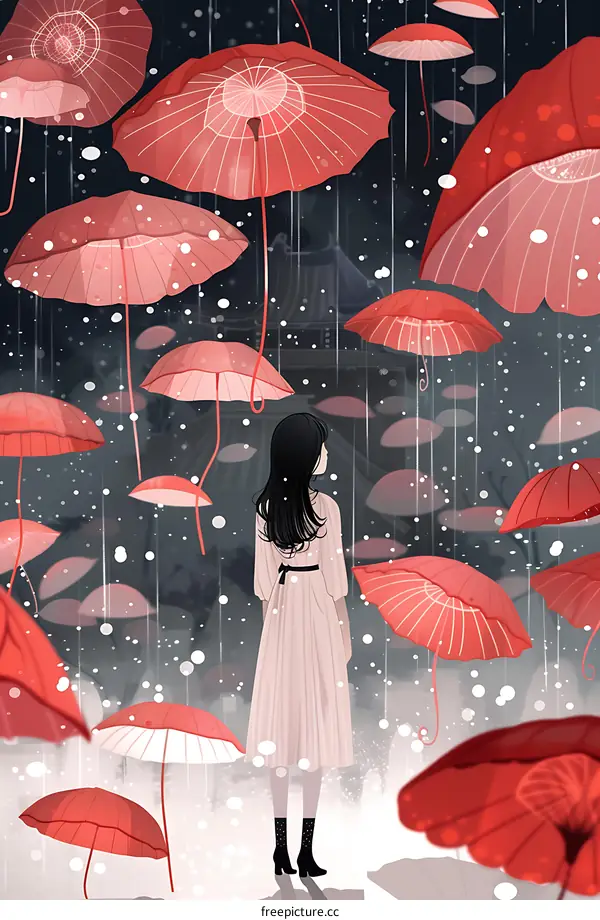Girl Standing Under Red Umbrellas In The Rain