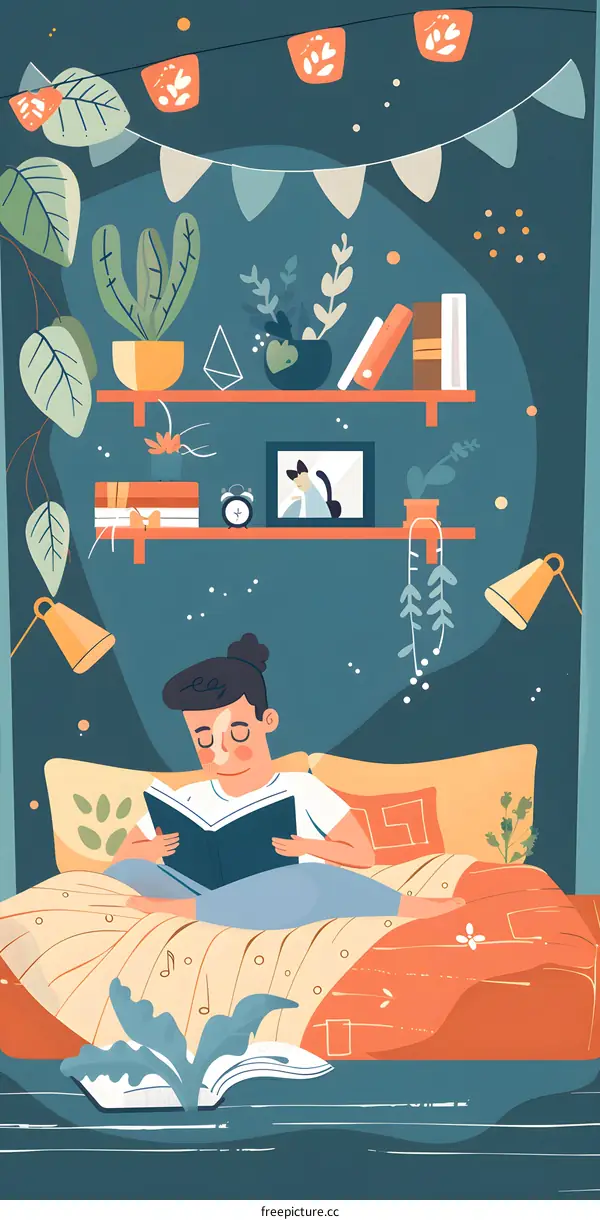 Young Woman Reading a Book in Bed With Plants and Decorations