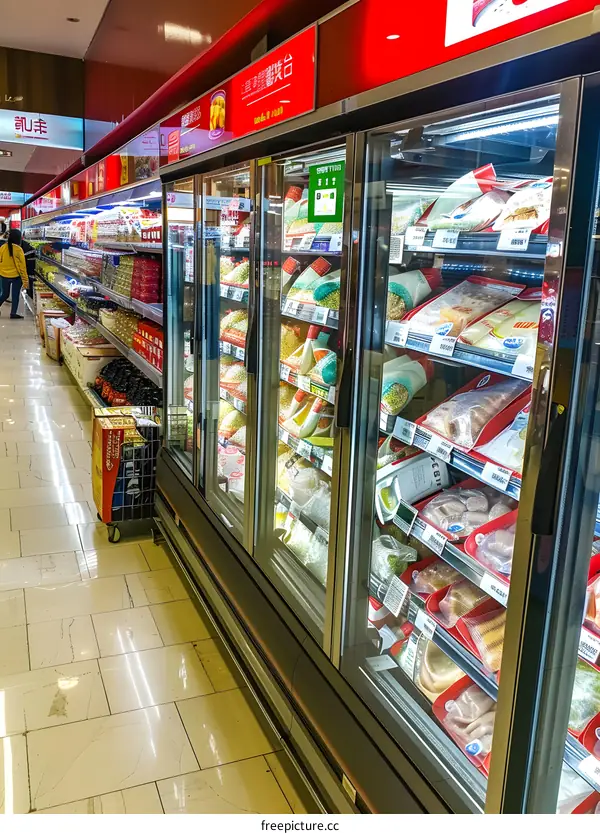 Frozen Food Section in Supermarket with Variety of Products