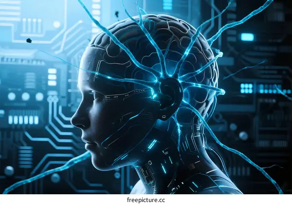 Futuristic Humanoid Head with Neural Network Connections and Circuit Background