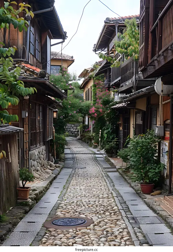 An alley with stone pavement and traditional wooden houses on both sides