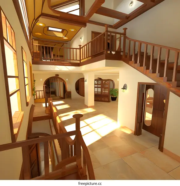 Modern Home Interior Design with Wooden Staircase and Skylights