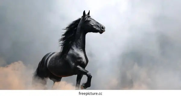 Powerful Black Horse in Motion Through Misty Clouds