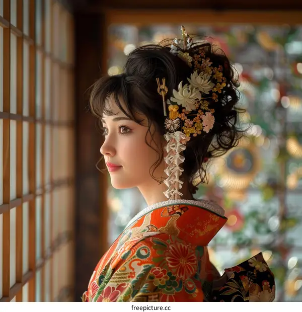 A Japanese woman wearing a kimono