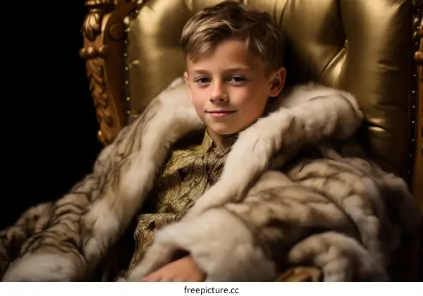 Portrait of a young boy in a fur coat and gold chair