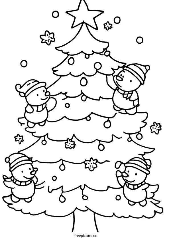 Cute Cartoon Snowmen Decorating Christmas Tree Coloring Page
