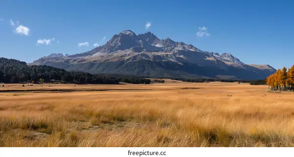 Panoramic view of a mountain landscape with a large grass field in the foreground