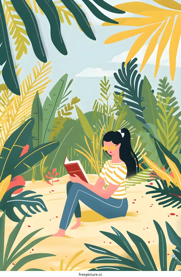 Woman Reading Book in Tropical Garden Illustration