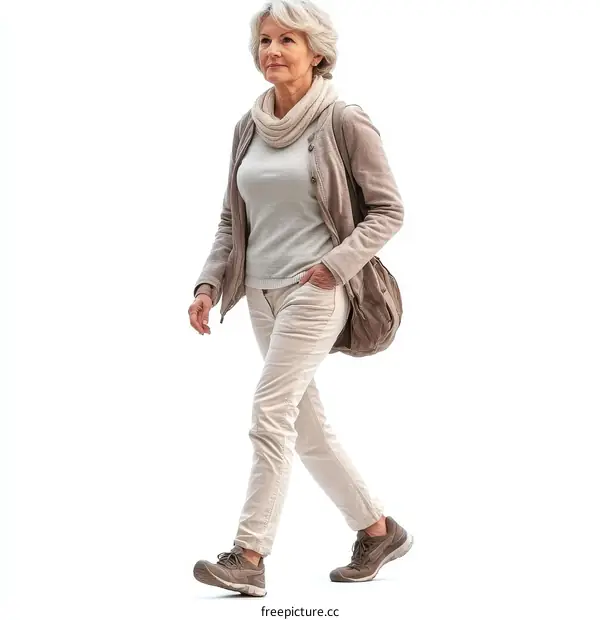Mature Woman Walking in Casual Outfit