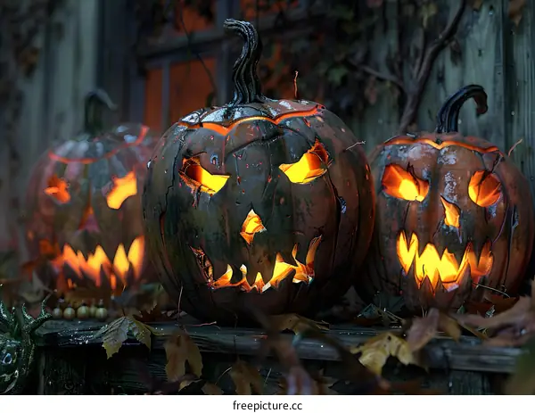Scary Halloween pumpkins glowing in the dark