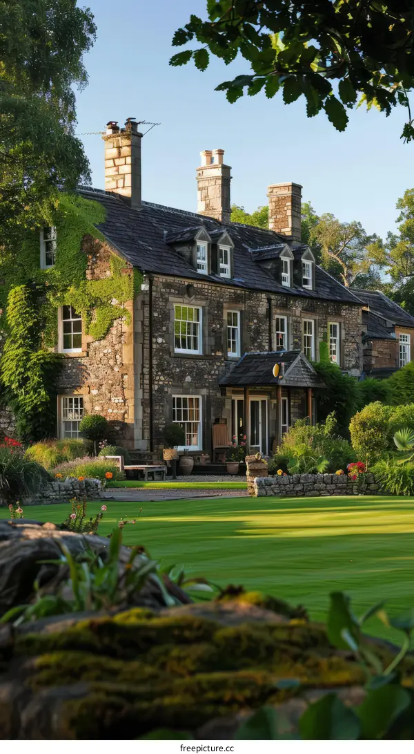 A beautiful stone house with a large garden