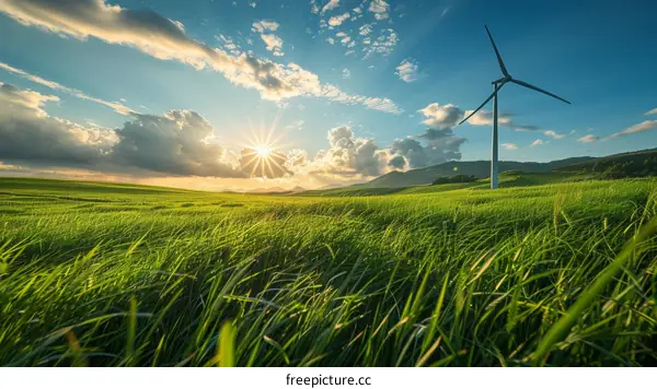 Wind turbines in a green field