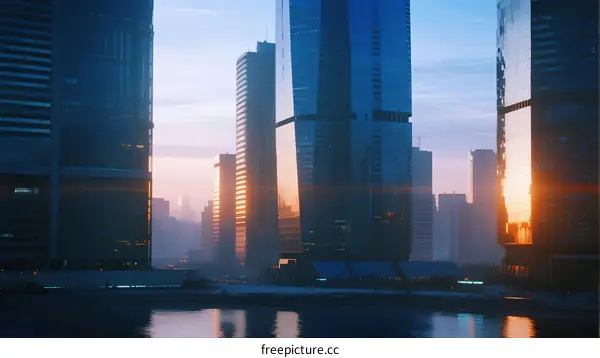 Sunset Glow Over Modern Urban Skyscrapers with Reflective Water