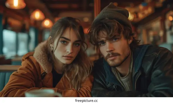 A young man and woman are sitting in a restaurant looking at the camera.