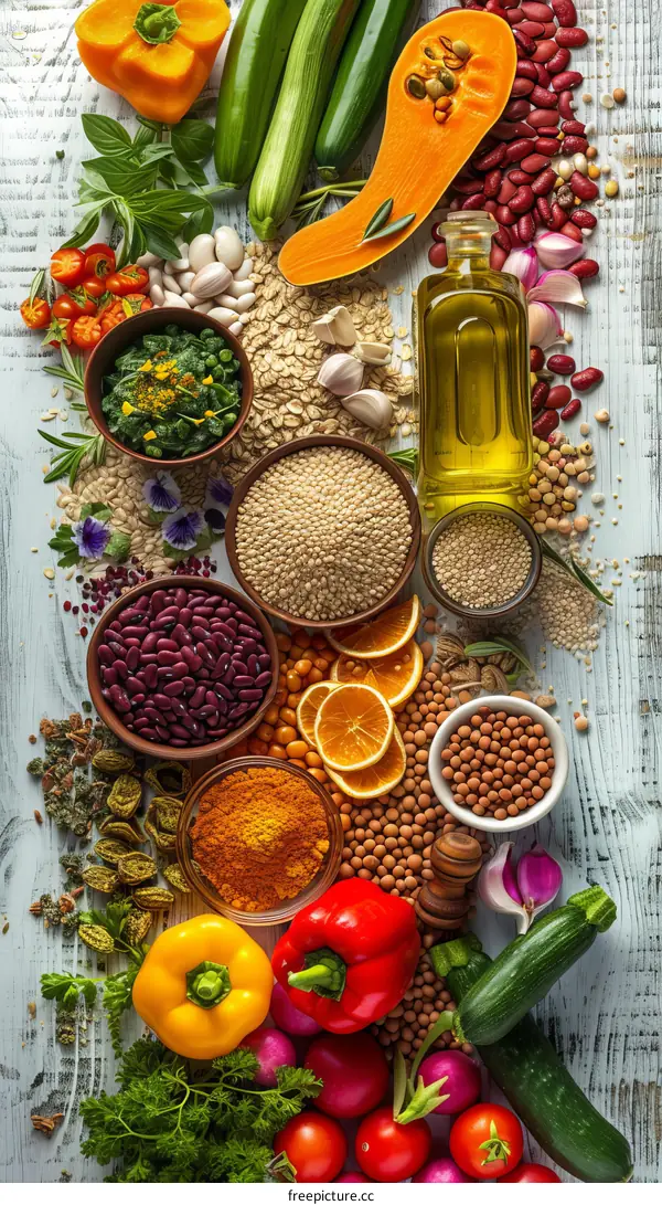 A variety of fresh vegetables and spices are arranged on a wooden table.