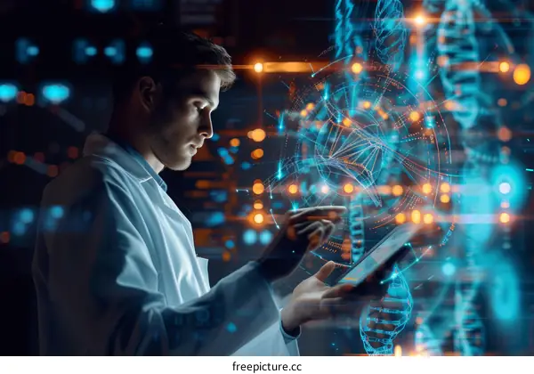 Scientist Using Futuristic Interface to Analyze DNA Structure