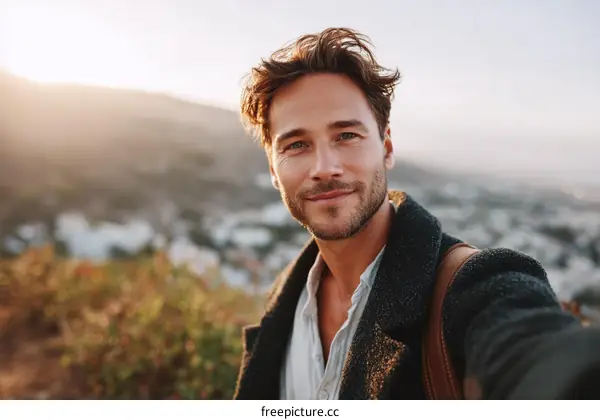 Smiling Man Taking Selfie on Mountaintop