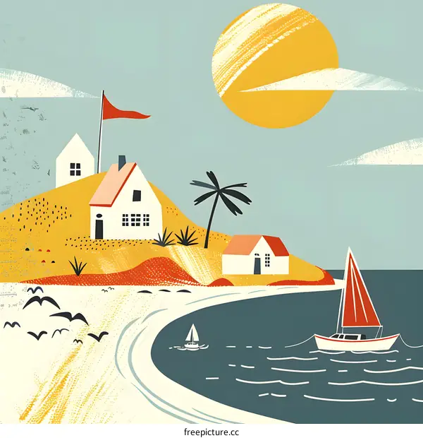 Summertime Beach Landscape Illustration with Houses, Palm Tree, Sun and Sailboat
