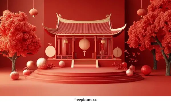 Red Chinese Style Architecture Illustration