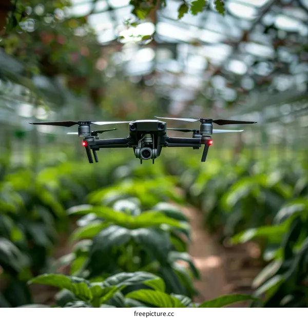 An aerial view of a lush green field of crops with a drone flying overhead
