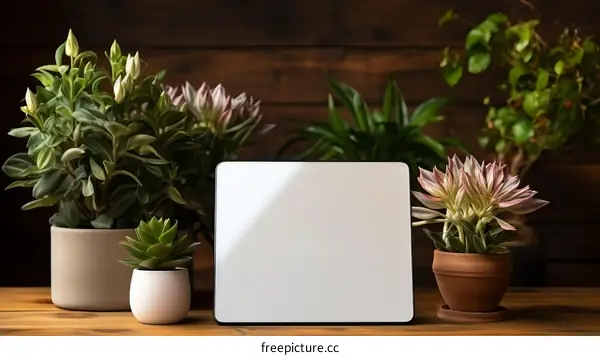 Blank digital tablet screen with houseplants in the background