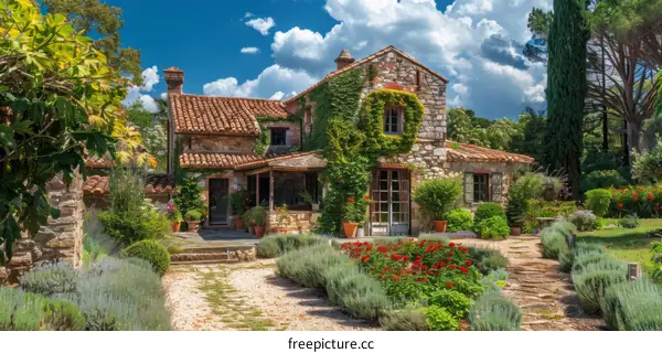 Tuscan Stone House with Blooming Garden