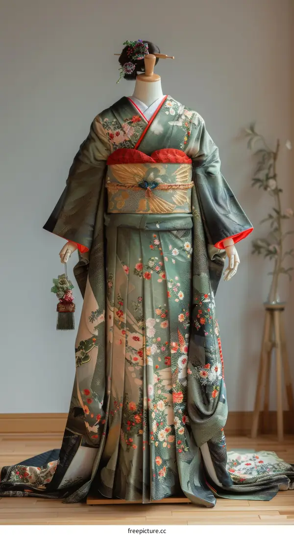 A woman wearing a kimono with a floral pattern