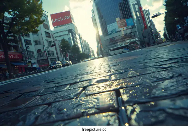 Cobblestone Street in Tokyo Japan with Buildings and People in Background