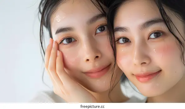Closeup Portrait of Two Asian Women Smiling at Camera