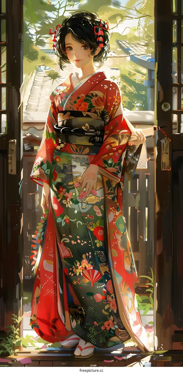 An anime girl wearing a kimono stands in a traditional Japanese house.