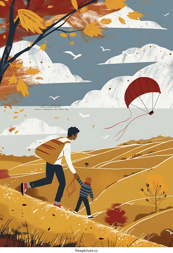 Father and Son Walking on a Hill in Autumn