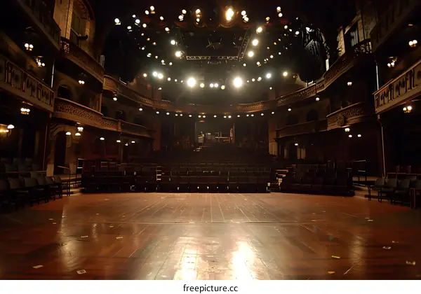 Empty Theater Stage with Lights and Seats