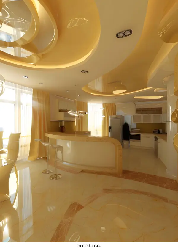 Modern Kitchen Interior Design With Curved Ceiling
