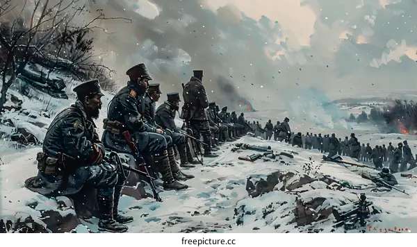 A group of soldiers looking at a snowy landscape